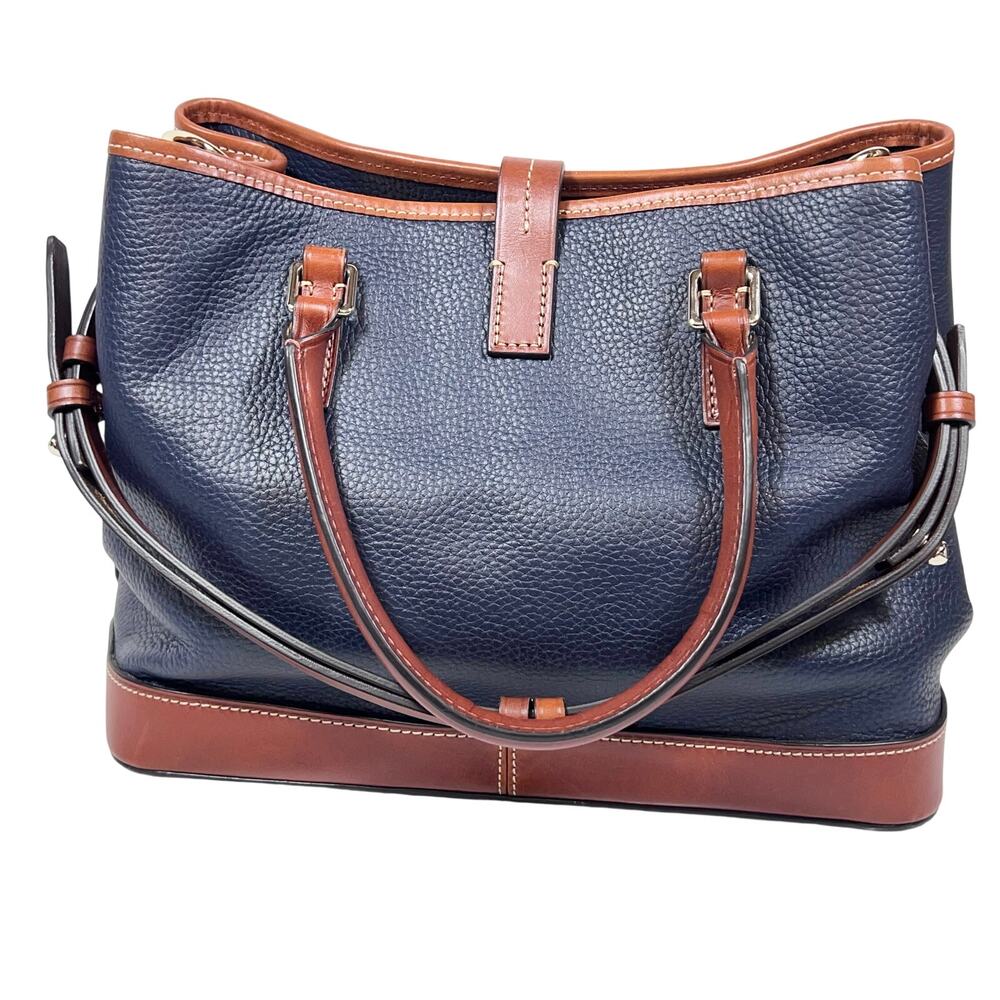 Dooney & Bourke Pebble Grain Perry Satchel Blue w/ Caramel Trim Gold Red Lining - Picture 2 of 14